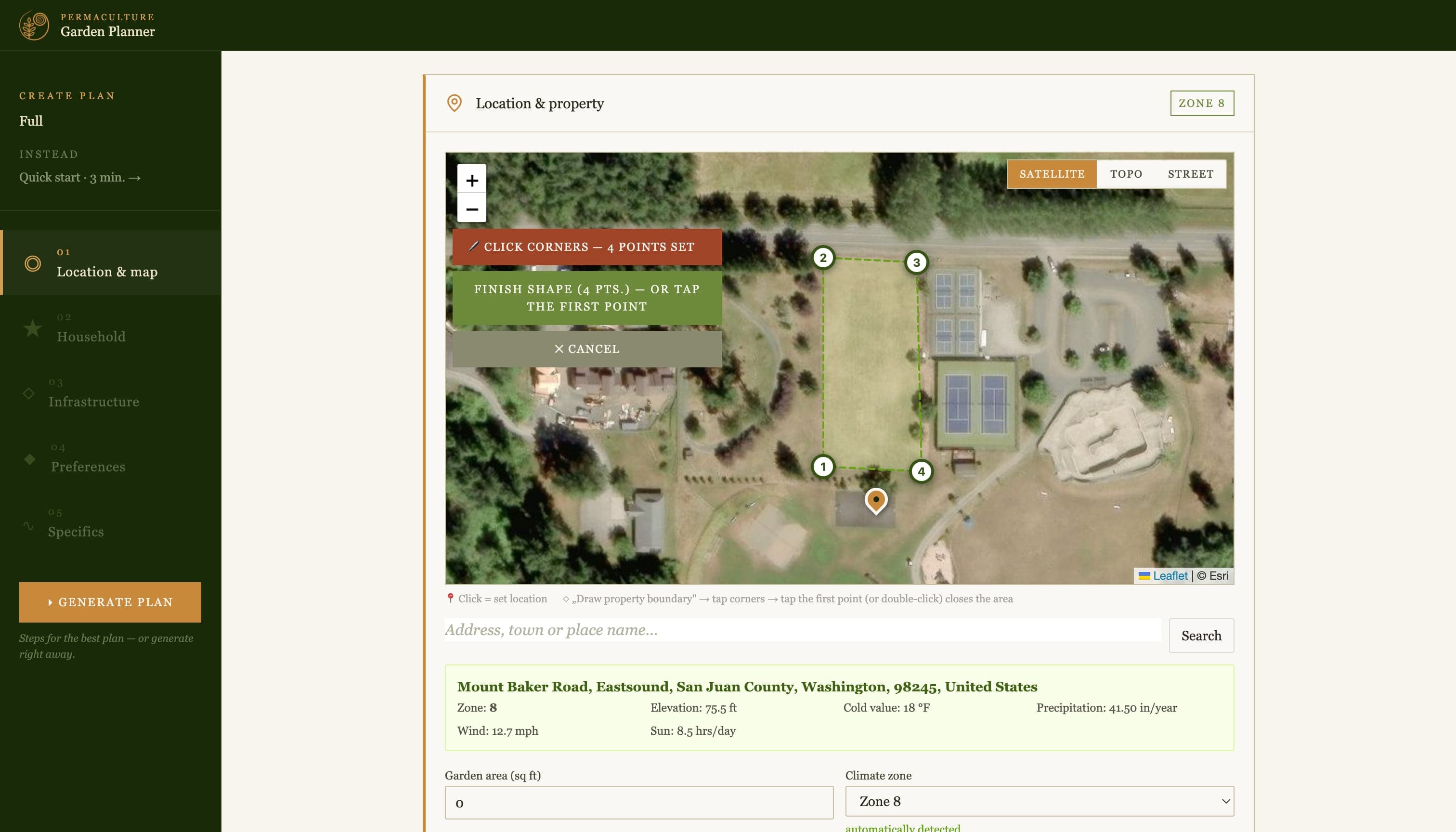 Planner — draw your property on the satellite map